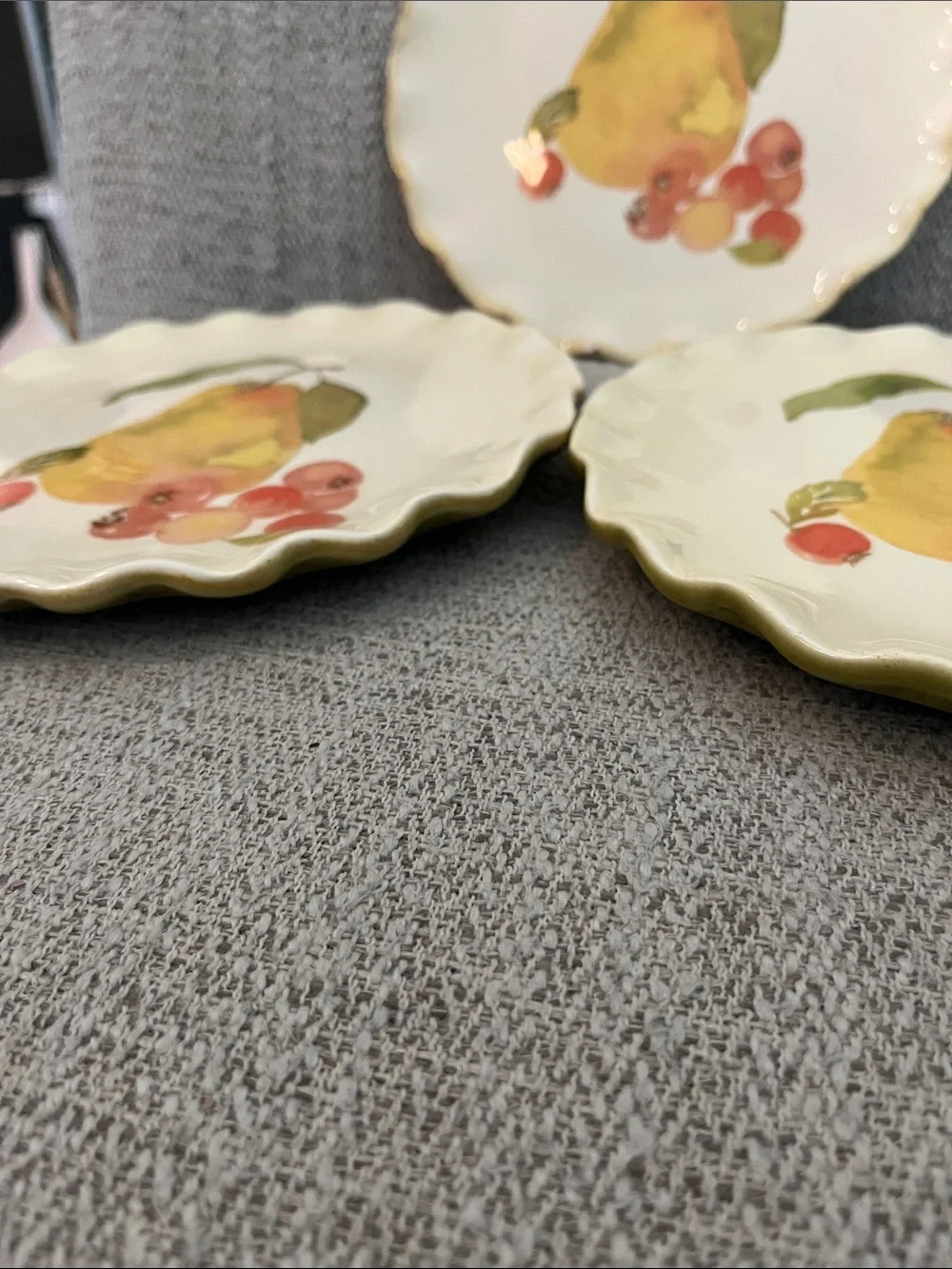 3 Crate & Barrel Harvest Fruit 7.5” salad plates yellow pear berries fluted
